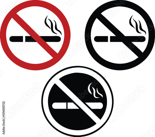 No Smoking Signs. Prohibitory Stickers, Banners. Cigarette and Cigarette Smoke. Red, Black, and White Vector Icons
