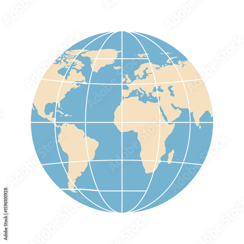 A stylized globe illustration showing continents in beige and oceans in blue, with white grid lines.