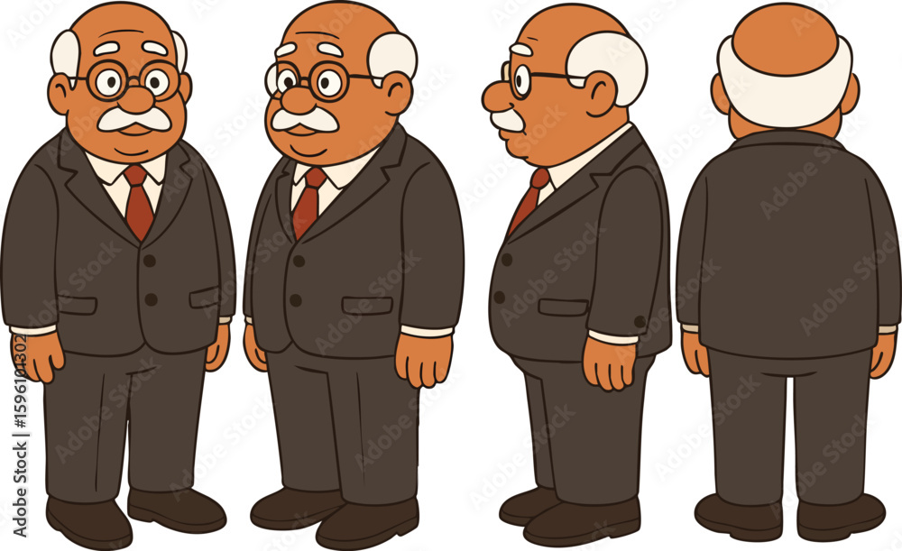 Naklejka premium Cartoon Elderly Man Character Turnaround Sheet, old man modelsheet, old man