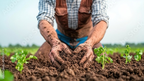 Farmer Working in Field with Hands in Soil Close Up During Daylight, Nurturing Green Plants