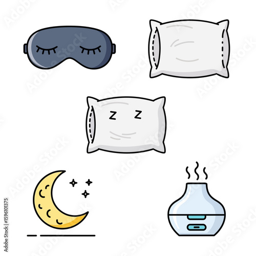 Sleep accessories and symbols, including eye mask, pillows, moon, and diffuser.