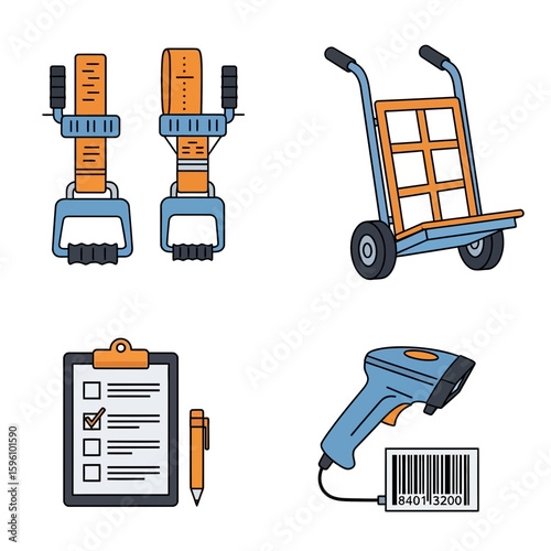 Logistics and shipping supplies: cargo straps, hand truck, checklist, barcode scanner.