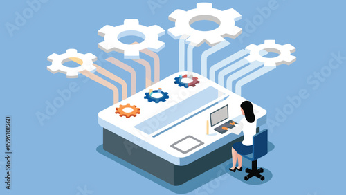 Isometric view of a woman working at a machine with gears and a computer on a light blue background