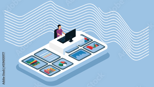 Isometric illustration of a person working on a computer with data dashboards on a large phone 99 char