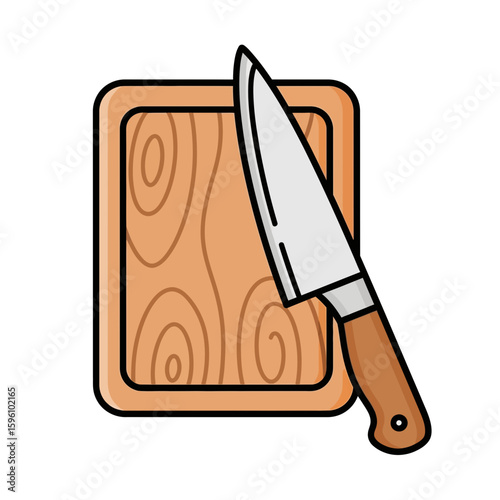 A chef's knife rests on a wooden cutting board, ready for culinary tasks.