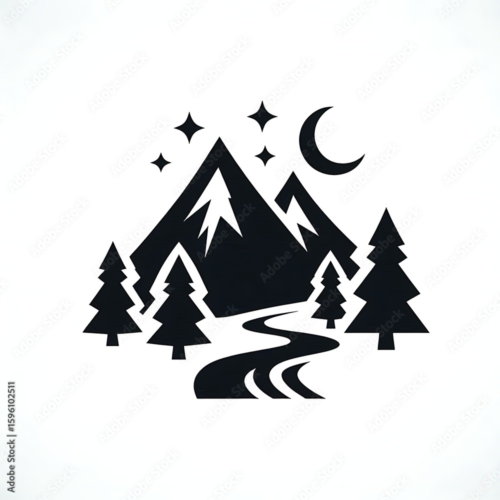 Obraz premium A black and white illustration of a mountain range with trees stars and a crescent moon above it