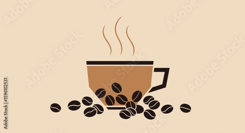 A simple illustration of a steaming cup of coffee surrounded by coffee beans.