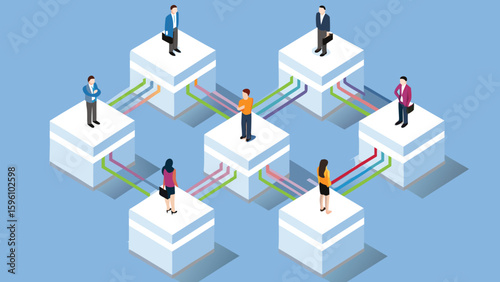 Isometric illustration of people standing on connected platforms with colorful lines