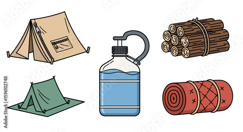 Camping gear illustration: tents, water bottle, firewood bundle, and rolled sleeping mat arranged on a white background.