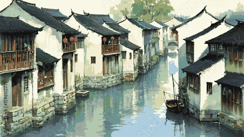 Watercolor Ripple: Cityscape along the canal isolated vector illustration svg