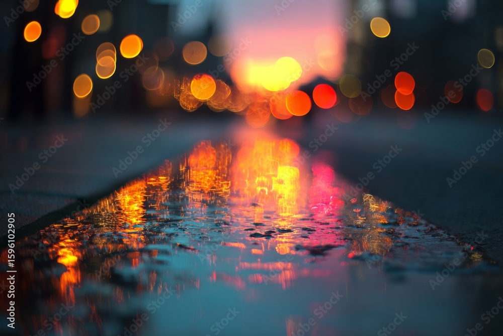 Fototapeta premium Rain-soaked city pavement reflecting orange and blue lights