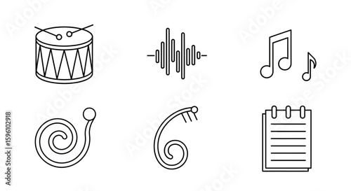 Line art icons depicting musical instruments and sound-related elements.