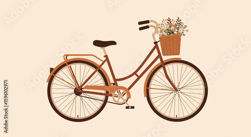 A charming illustration depicting a brown bicycle with a basket filled with flowers.