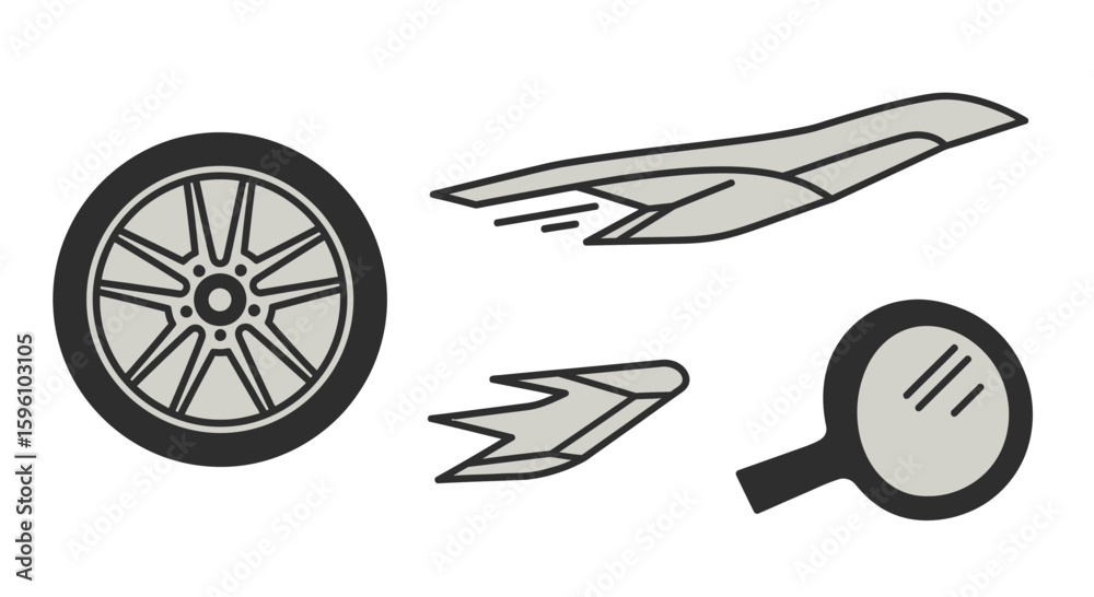 Motorcycle parts diagram, showing a wheel, seat, and wing components.