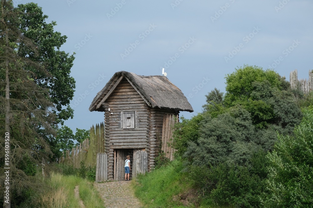Fototapeta premium The stronghold in Owidz . It is the largest reconstruction of an early medieval stronghold in Pomerania. Poland