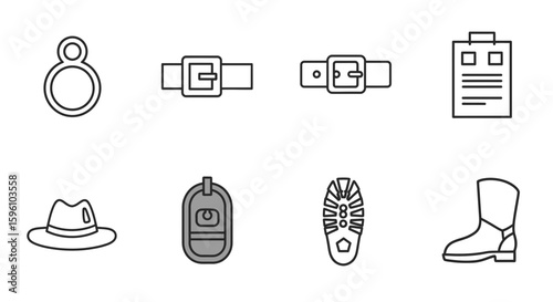 Collection of simple line art illustrations of various accessories and equipment.