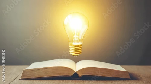 Glowing light bulb floating above open book, symbolizing innovation and knowledge