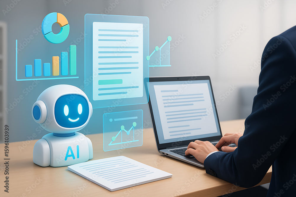 Businessman Working on Laptop with Business Graph - High Resolution Stock Photo Seorang pebisnis fokus bekerja di laptop menampilkan grafik pertumbuhan bisnis