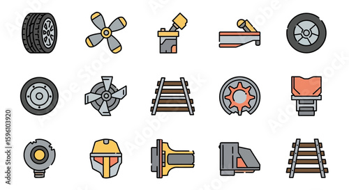 Collection of industrial and mechanical icons, including wheels, propellers, tracks, and other machine elements.