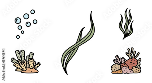 Collection of stylized underwater marine life illustrations.