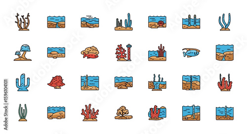 Collection of diverse underwater scene icons depicting various aquatic plants, seabed textures, and marine life.
