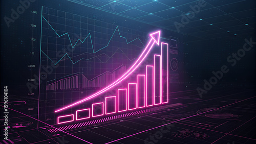 Neon pink arrow and bar graph showing upward trend on a digital interface with gridlines