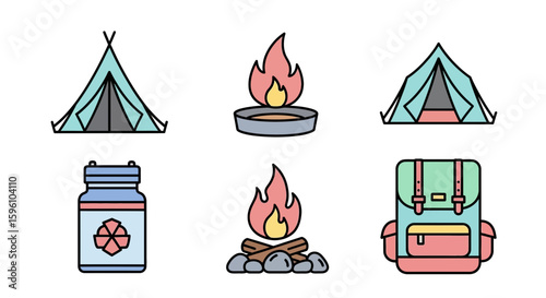 Colorful line art icons depicting camping essentials: tents, campfires, and a backpack.