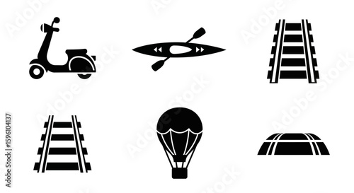 Collection of black and white transportation icons, including a scooter, kayak, and railway.
