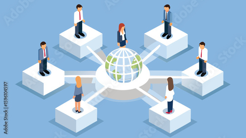 Isometric illustration showing global business connections with people and a world globe