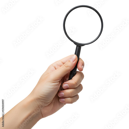 A hand holding a magnifying glass isolated on white or transparent background. PNG format.
