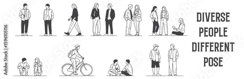 Architectural Drawings diverse people in standing, walking, sitting, biking, and interacting poses vector illustration, front view, Minimal style hand drawn. Sections, Elevations, Floor Plans