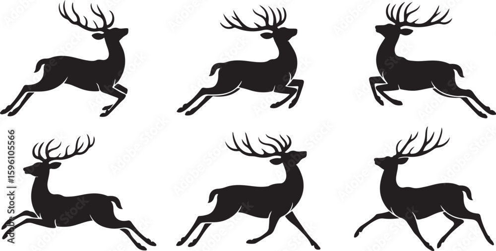 Naklejka premium A collection of diverse deer animal silhouettes vector set with antlers