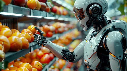 Futuristic AI Robot Sorting Fresh Fruits in High-Tech Food Inspection Facility