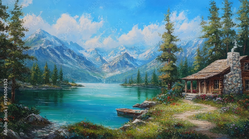 Fototapeta premium Peaceful Mountain Lake Scenic Cabin Art Painting