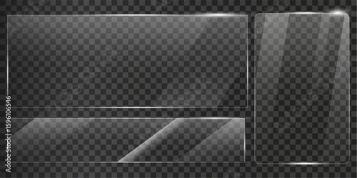 set of Glass plate on transparent background with Realistic screen glass, window mockup, glossy plastic glare frame, acrylic sheet with glares and light