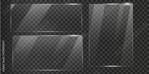 set of Glass plate on transparent background with Realistic screen glass, window mockup, glossy plastic glare frame, acrylic sheet with glares and light