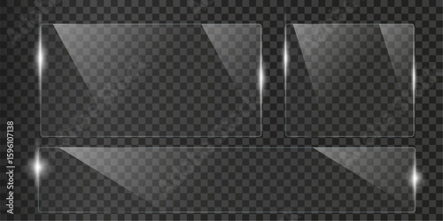 set of Glass plate on transparent background with Realistic screen glass, window mockup, glossy plastic glare frame, acrylic sheet with glares and light