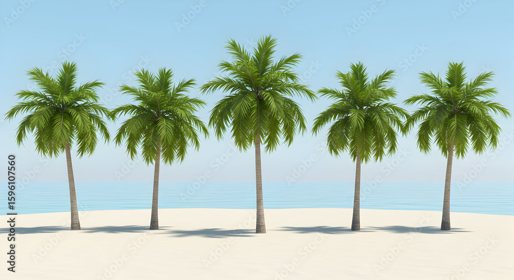 Five lush palm trees stand tall on a pristine white sand beach, swaying gently in a tropical paradise breeze, offering a perfect vacation escape. Five lush palm trees stand tall on a pristine white sand beach, swaying gently in a tropical paradise breeze, offering a perfect vacation escape.