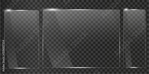 set of Glass plate on transparent background with Realistic screen glass, window mockup, glossy plastic glare frame, acrylic sheet with glares and light