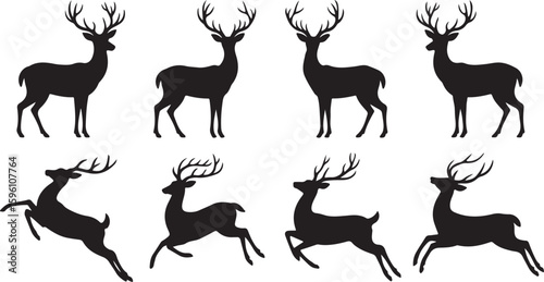 Set of Black Deer Silhouettes in Various Poses