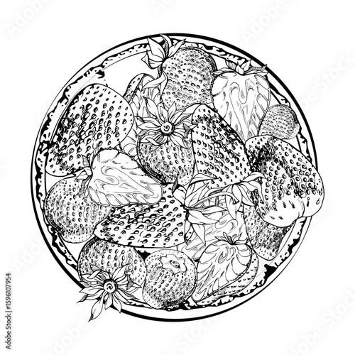 Strawberry served on ceramic dish, full and half cut, ripe picked garden berry pineberry strasberry snakeberry harvest. Isolated illustration hand drawn in vector ink. Farmers market grocery preserves