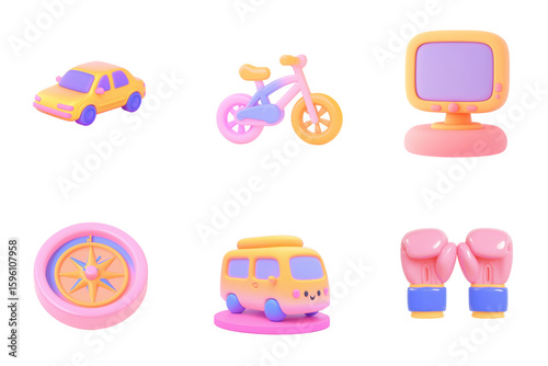 Set of 3D cartoon icons with nebula purple-pink design on white background