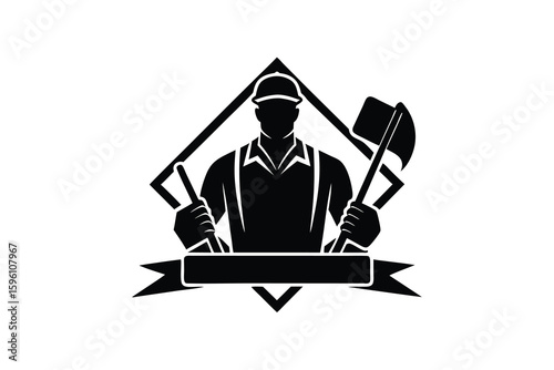 Lumberjack Silhouette with Axe and Pulaski Tool in Diamond Frame