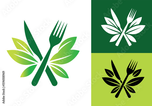 Fork, knife, and leaves create a fresh, organic food or restaurant logo