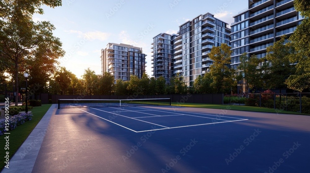 Obraz premium Modern living: Tennis court with residential buildings in a tranquil neighborhood