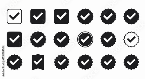 Black & white outline and silhouette check mark and verified badge icons. Vector collection for approval and quality assurance concepts.