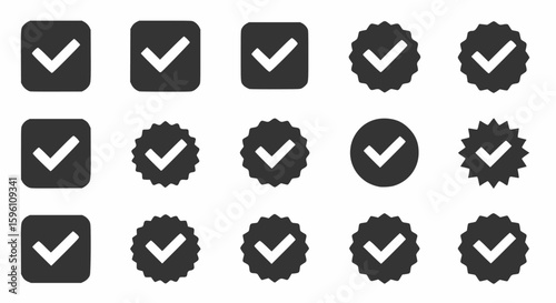 Black silhouette check mark and verified badge icons. Vector collection for approval, completion, and quality assurance concepts.