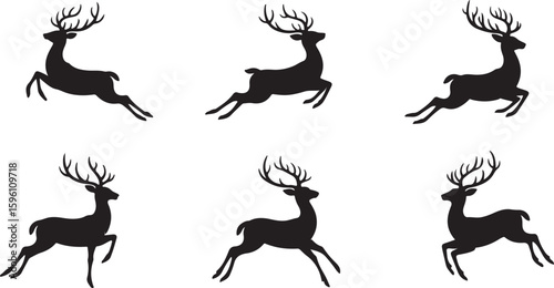 Set of Black Deer Silhouettes in Various Poses