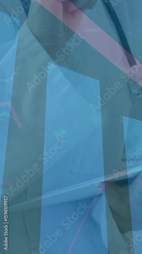 Doctor writing on clipboard over bar graph and data analysis animation