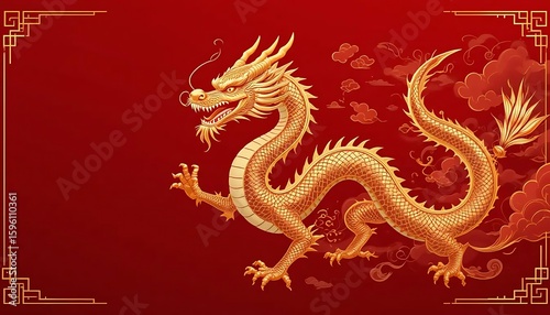 A majestic Chinese dragon illustrated in a traditional Asian style on red background